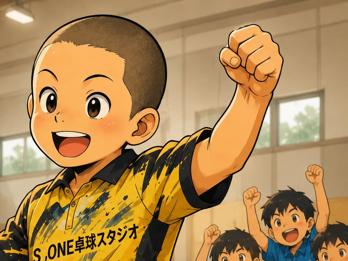 無料体験でラリーが続いて喜ぶ小学生のイラスト